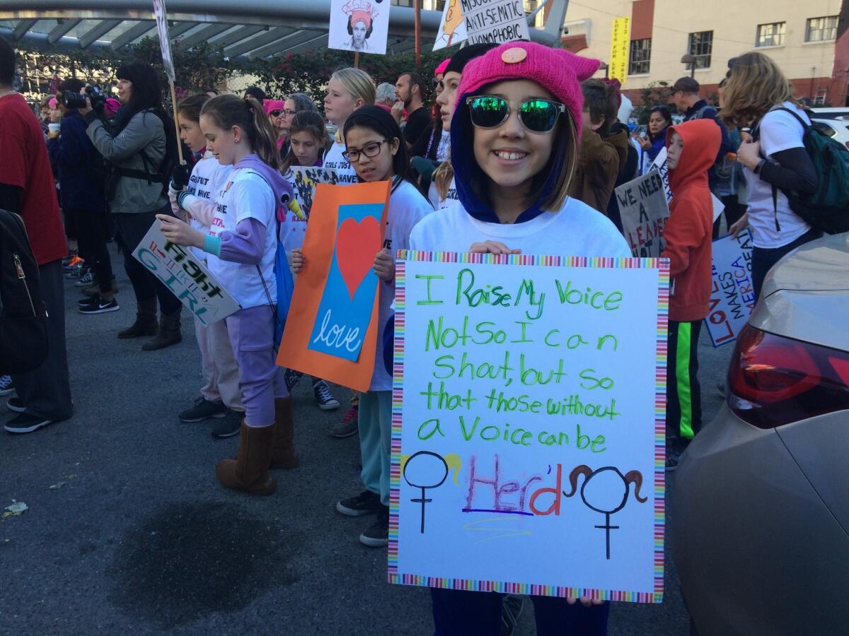 Scarlett Cunningham-Young attends the Women's March in Los Angeles.