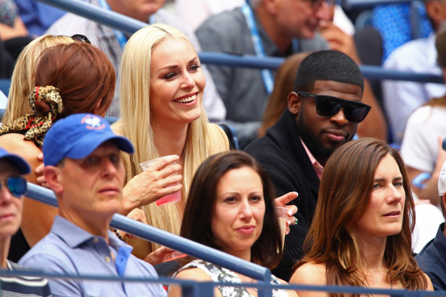 Lindsey Vonn, professional ski racer, and NHL player P.K. Subban watch the Men's Singles final match between Rafael Nadal of Spain and Daniil Medvedev of Russia on day fourteen of the 2019 U.S. Open at the USTA Billie Jean King National Tennis Center on Sept. 8, 2019, in Queens.