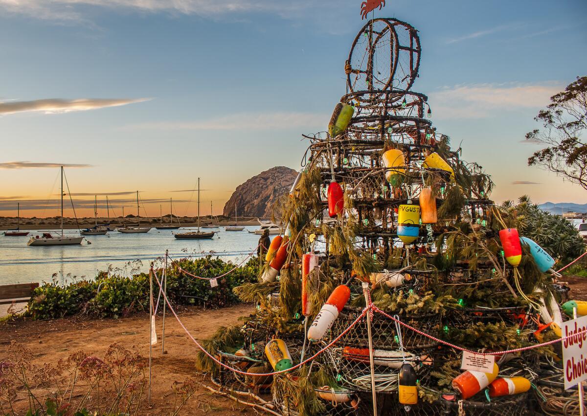 The crab pot tree at Morro Bay, Calif., with the landmark rock in the background.