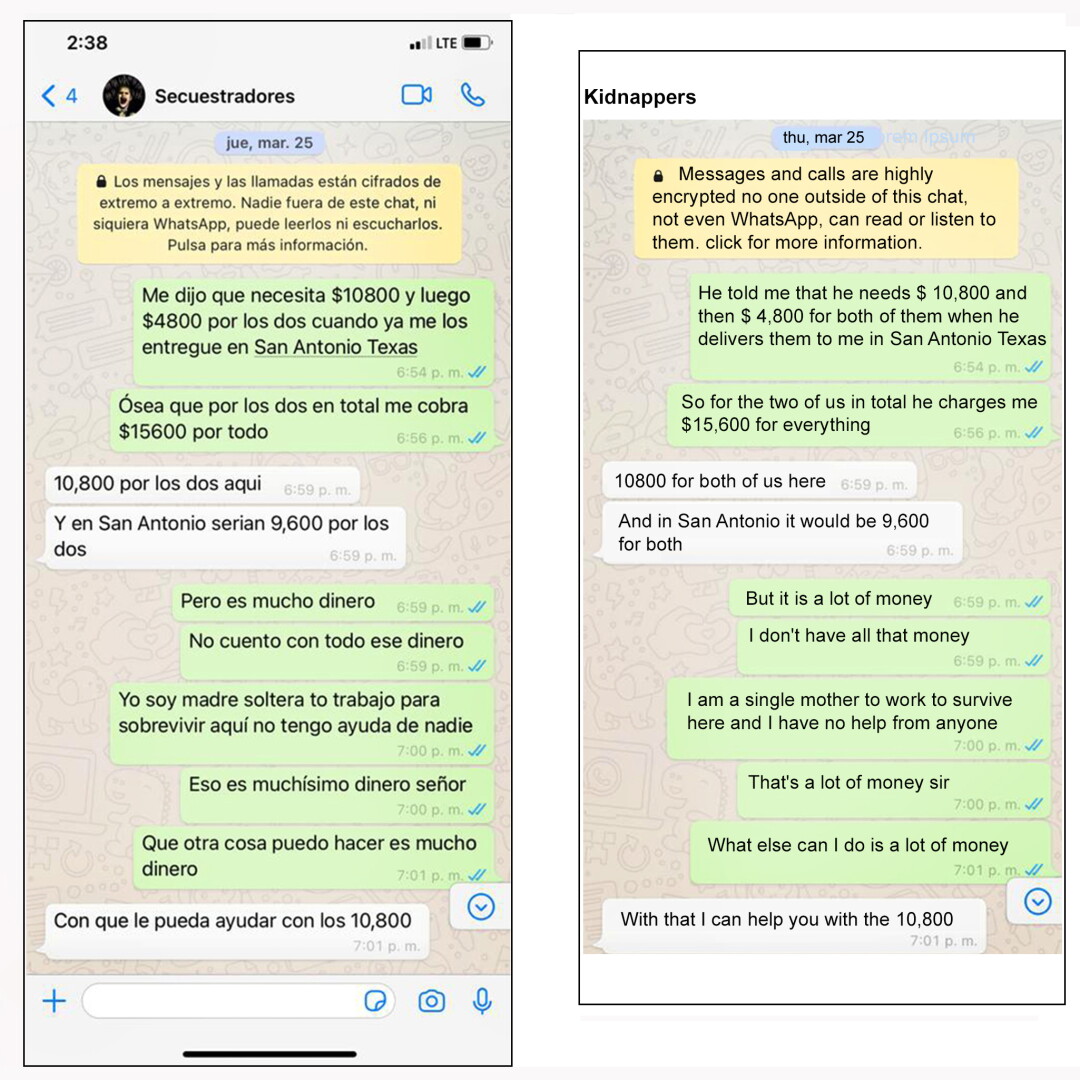 Two screens of text messages, in Spanish on the left and English on the right.
