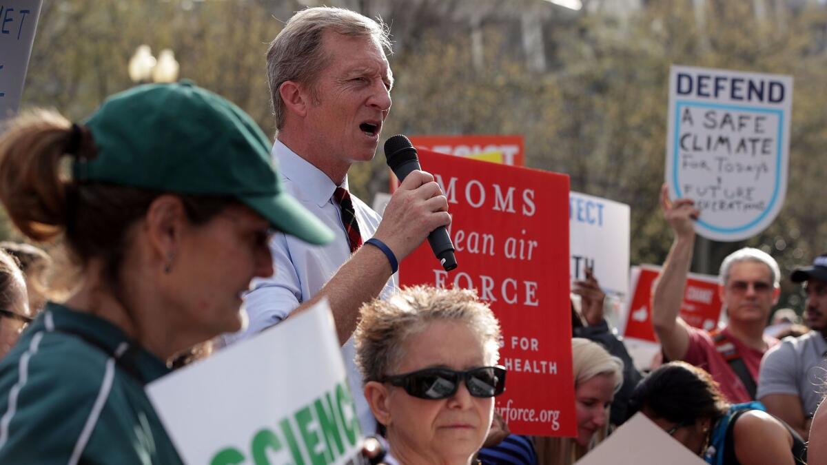Environmentalist Tom Steyer, speaking during a protest at the White House, is stepping up his support of immigrant rights with a $2.3-million donation to the University of California Immigrant Legal Services Center and seven other organizations.