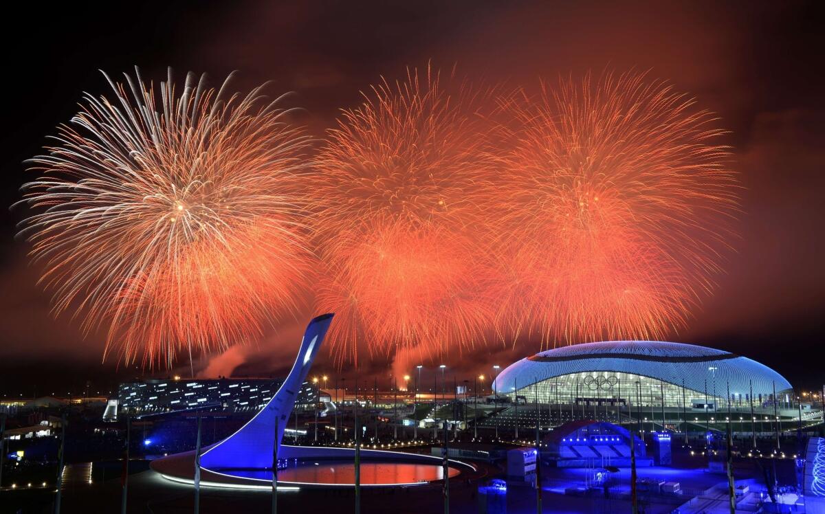 Fireworks explode during the Winter Olympics at Sochi on Feb. 23.
