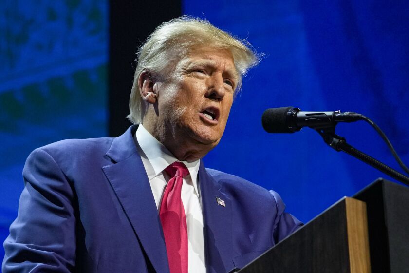 FILE - Former President Donald Trump speaks at the National Rifle Association Convention in Indianapolis, on April 14, 2023. On Monday, April 24, New York prosecutors asked a judge to bar Trump from using evidence from his criminal case to attack witnesses, citing what they say is the former president's history of making “harassing, embarrassing and threatening statements,” about people he's tangled with in legal disputes. (AP Photo/Michael Conroy, File)