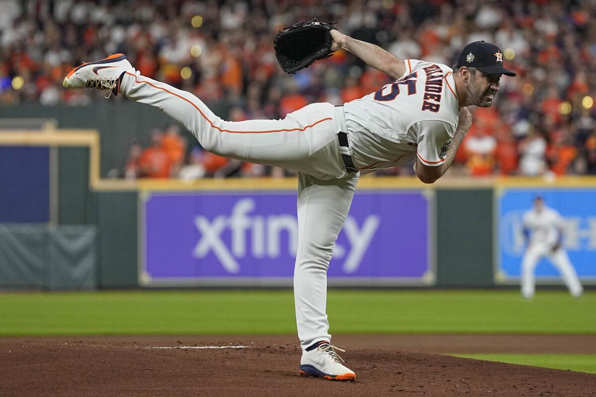 Houston Astros starting pitcher Justin Verlander delivers in the first inning Oct. 28, 2022.