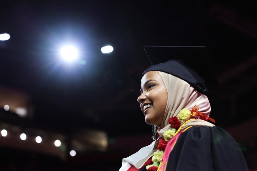 LOS ANGELES-CA-MAY 10, 2024: USC valedictorian Asna Tabassum attends the Viterbi School of Engineering graduation ceremony at the Galen Center in Los Angeles on May 10, 2024. (Christina House / Los Angeles Times)