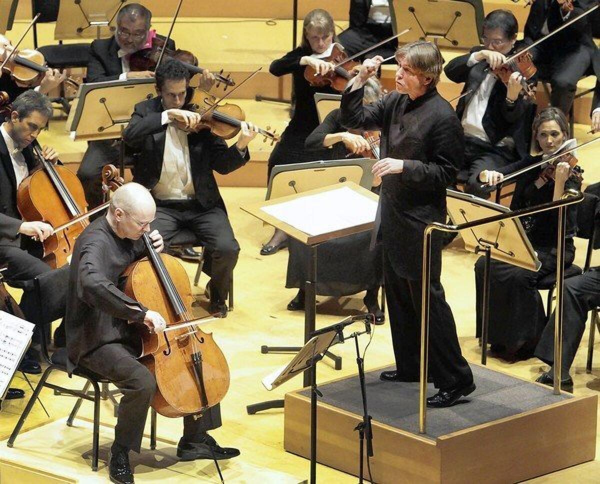 Esa-Pekka Salonen conducts the Los Angeles Philharmonic with cellist Anssi Karttunen in the world premiere of Magnus Lindberg's Cello Concerto No. 2 at Walt Disney Concert Hall on Oct. 19, 2013.