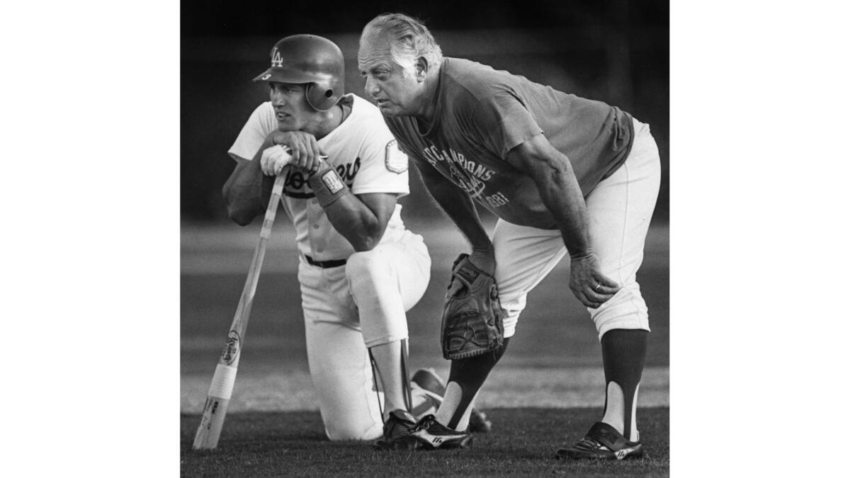 April 4, 1985: Tommy Lasorda with Steve Sax during spring training in Vero Beach, Fla.