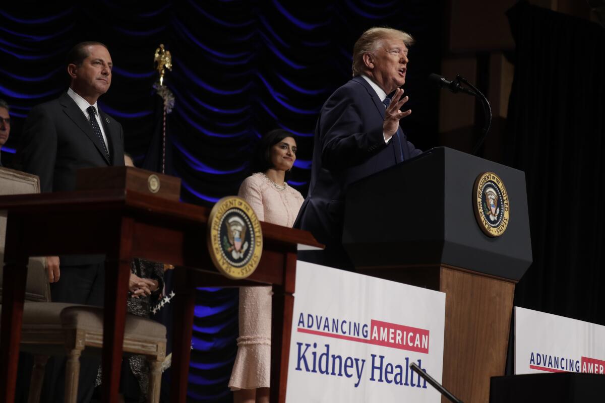 In this July 10 file photo, President Trump speaks during an event on kidney health at the Ronald Reagan Building and International Trade Center in Washington, D.C. The U.S. government proposed new rules Tuesday to increase organ transplants.