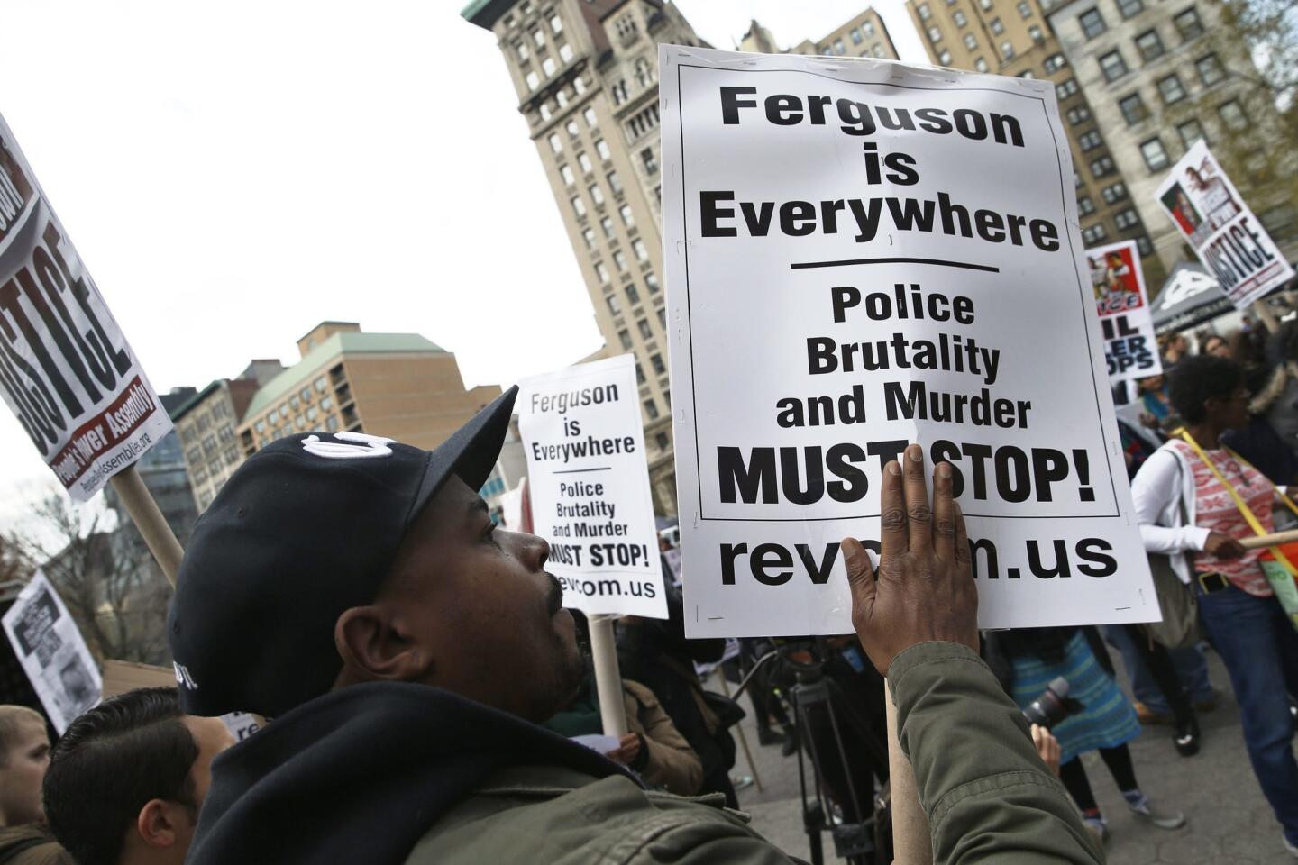 Activists protest Dec. 1 in New York City's Union Square the Missouri grand jury's decision that no charges should be filed in the police shooting of Michael Brown in Ferguson, Mo.