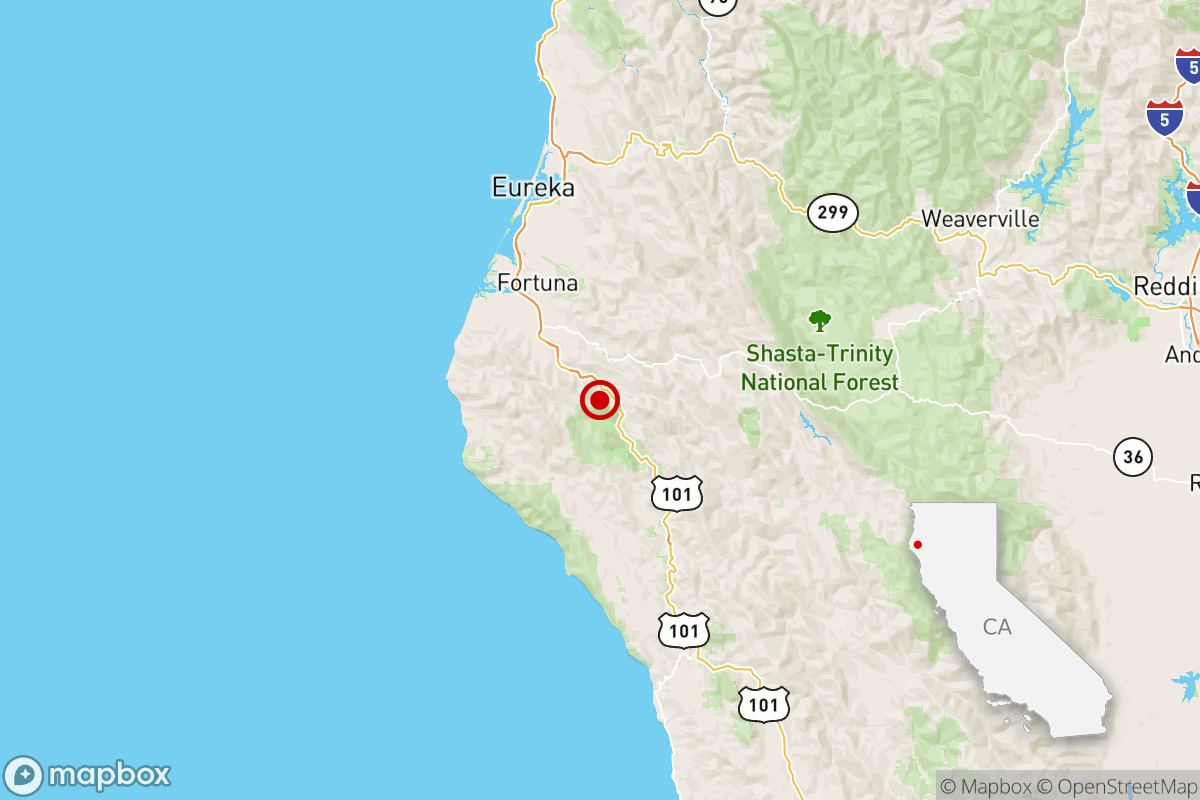 Location of quake epicenter on Northern California map near the coast.