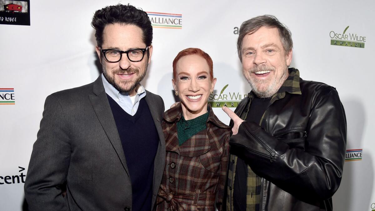 A shorn Kathy Griffin, with J.J. Abrams and Mark Hamill at the Oscar Wilde Awards in Santa Monica last week.