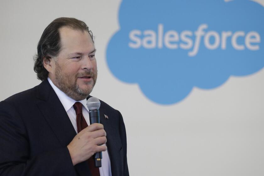 FILE - In this May 16, 2019 file photo, Salesforce chairman Marc Benioff speaks during a news conference, in Indianapolis. Salesforce is buying Tableau Software in an all-stock deal valued at $15.7 billion. The buyout is expected to close during Salesforces fiscal 3rd quarter. (AP Photo/Darron Cummings, File)