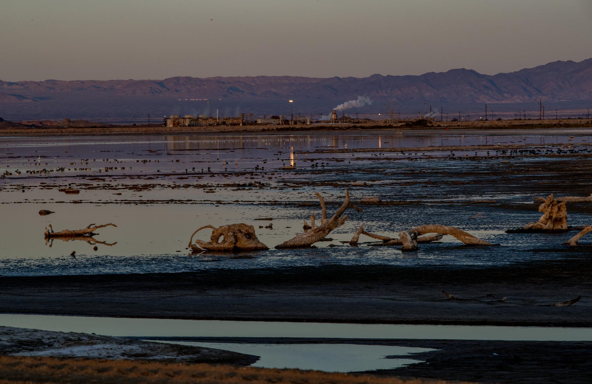 Dusk settles over the low Salton Sea.