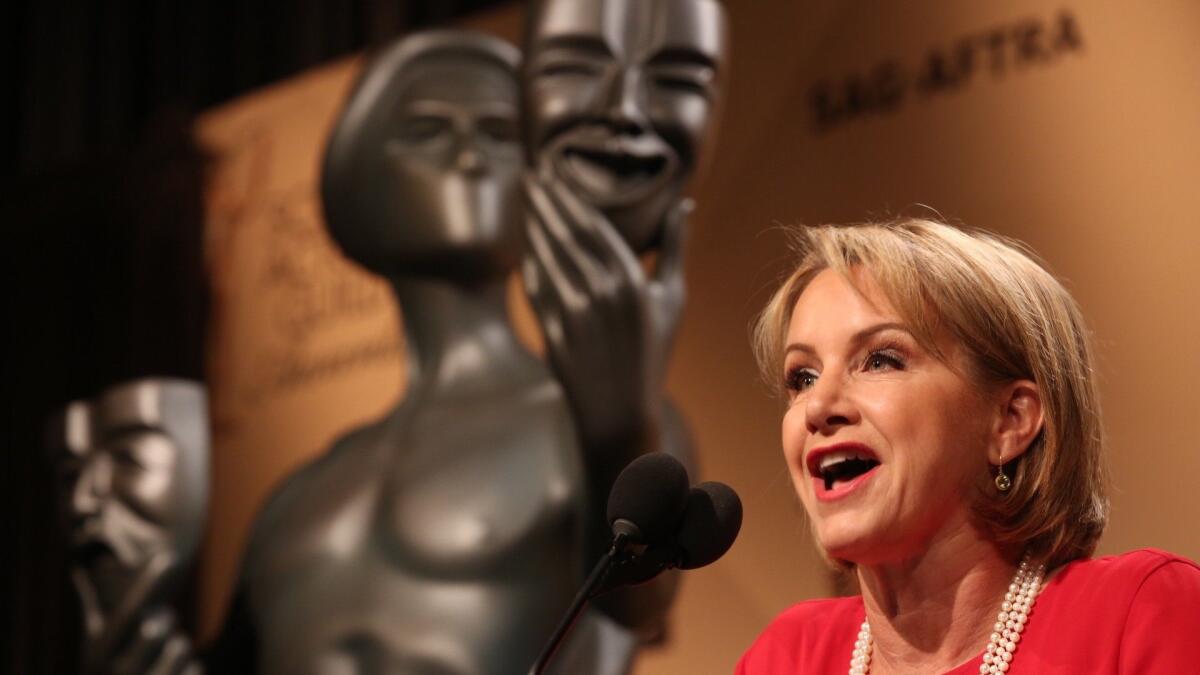 Gabrielle Carteris, president of SAG-AFTRA, speaks in 2015 at the Pacific Design Center in West Hollywood.