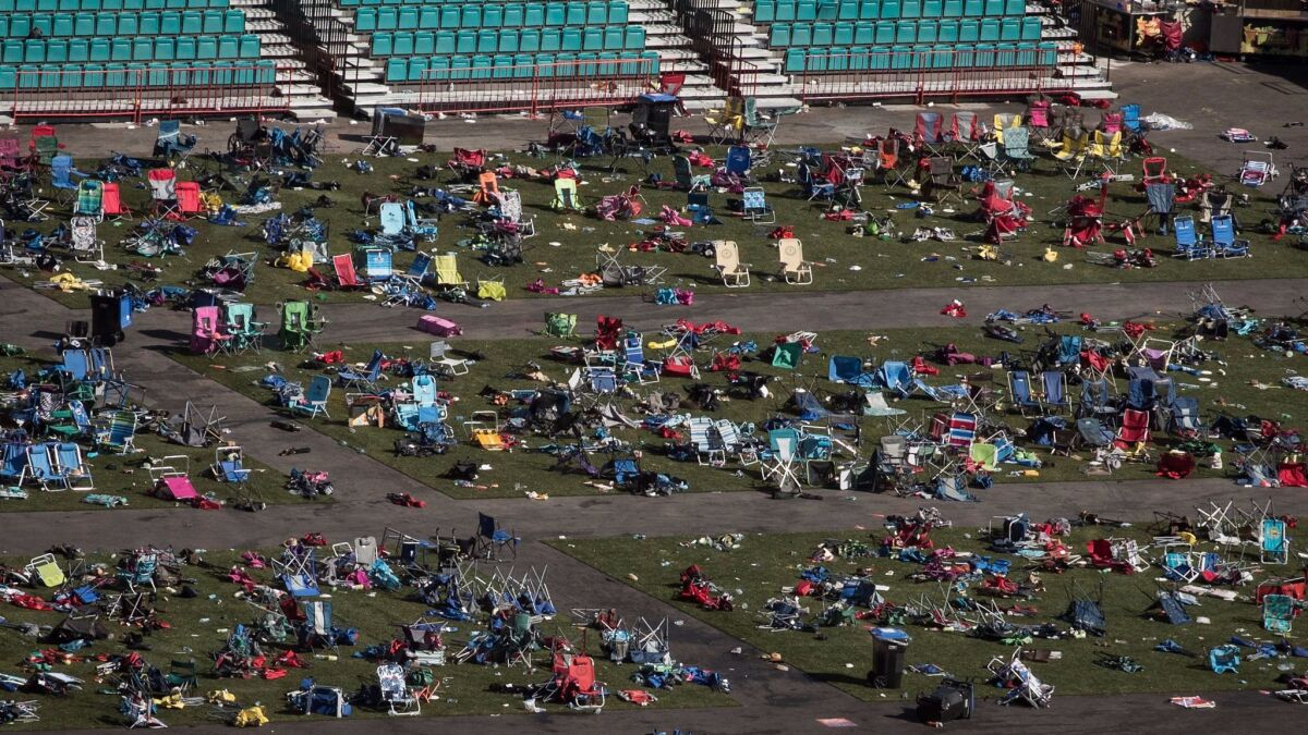 Belongings are scattered and left behind Tuesday at the site of the mass shooting at the Route 91 Harvest Festival in Las Vegas.