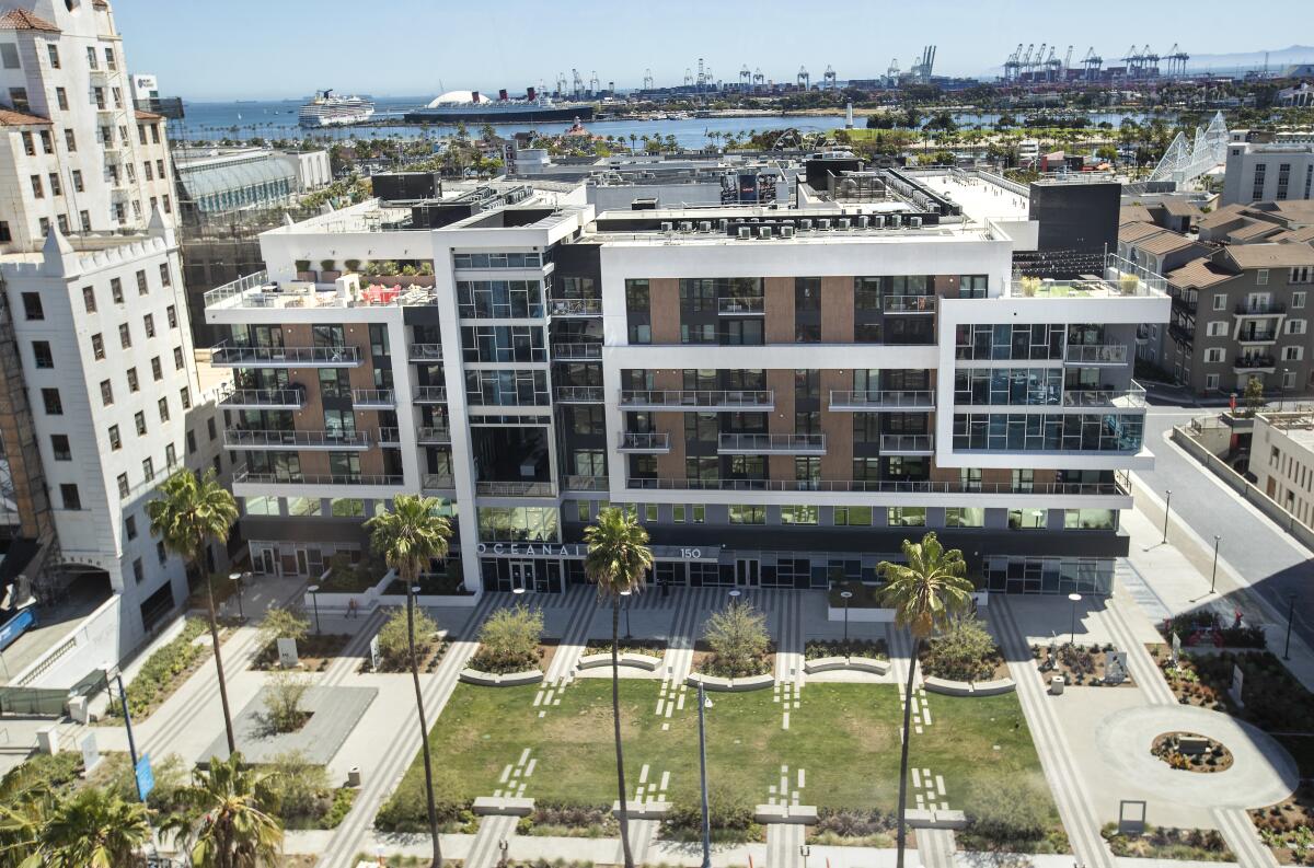A view of a luxury apartment complex in Long Beach