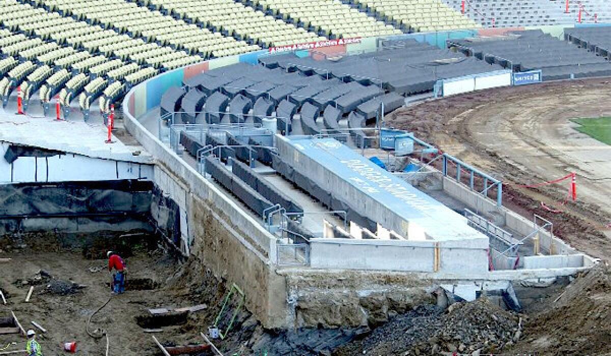 Looking toward the visitors dugout along the first-base line at Dodger Stadium, as improvements continue.