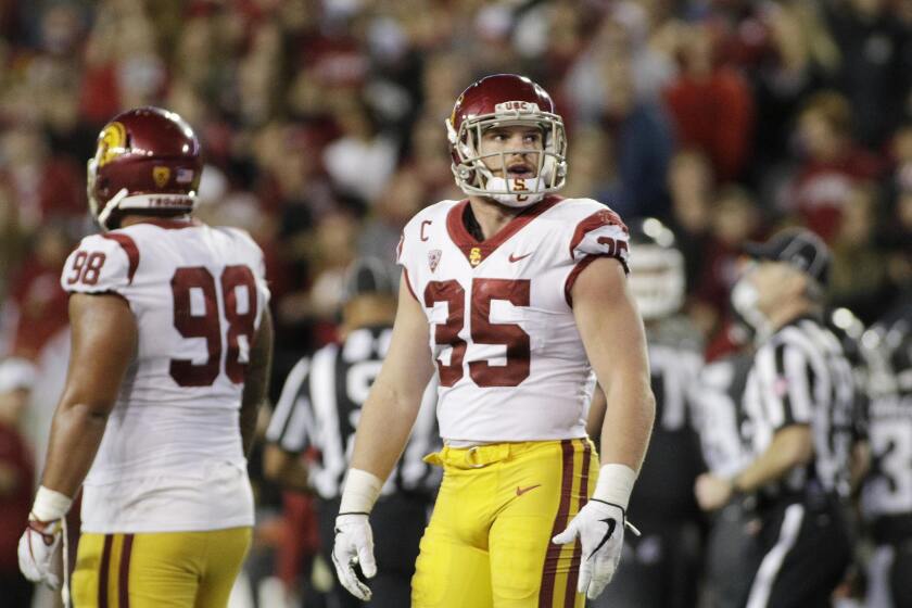 Southern California linebacker Cameron Smith (35) stands on the field during the second half of an NCAA college football game against Washington State in Pullman, Wash., Friday, Sept. 29, 2017. (AP Photo/Young Kwak)