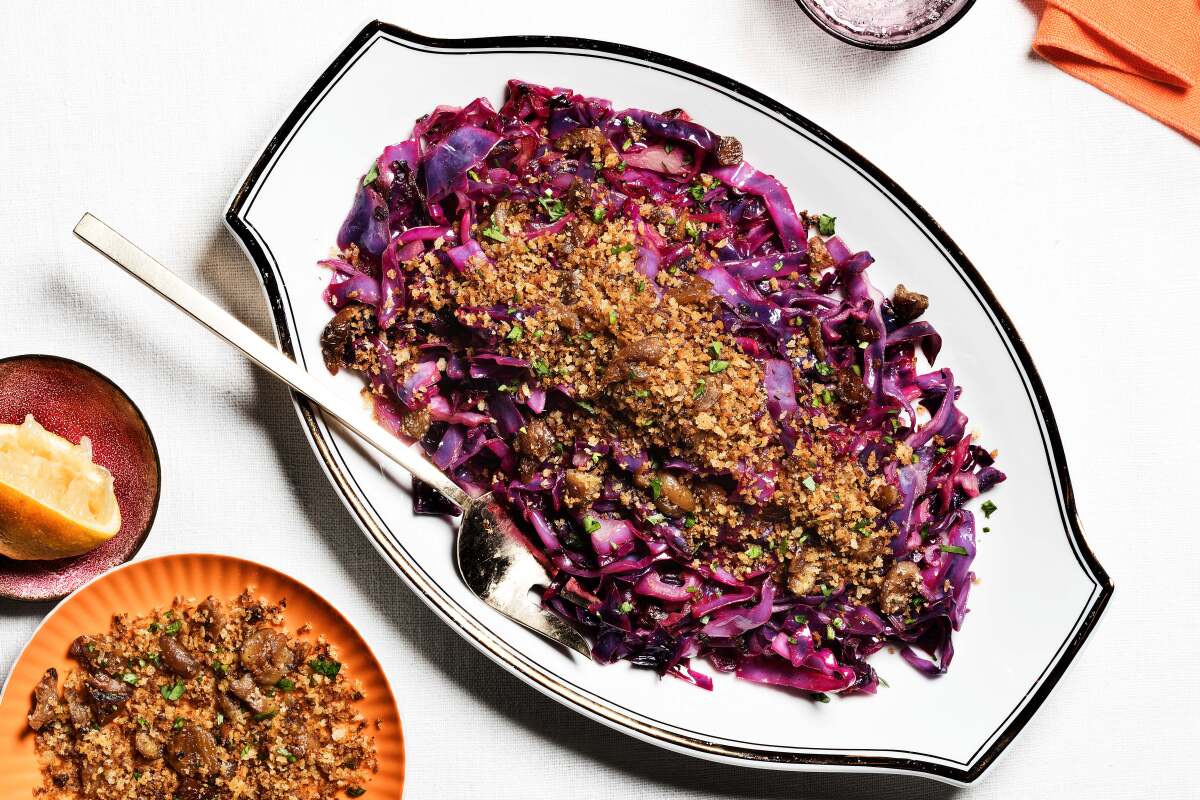 A dish of Sauteed Red Cabbage with Fried Chestnut Breadcrumbs