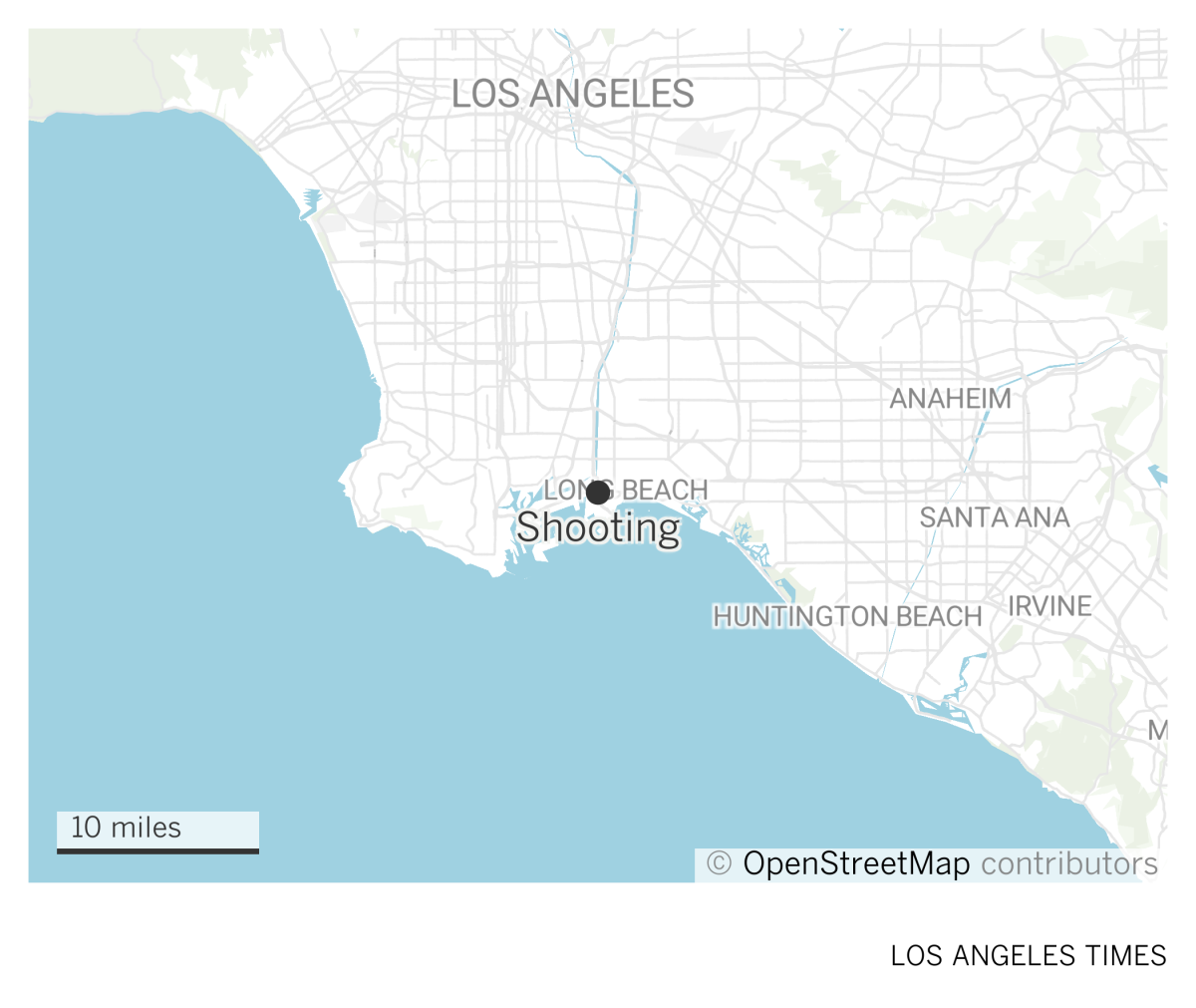 Map of Long Beach with a pin showing location of a shooting downtown