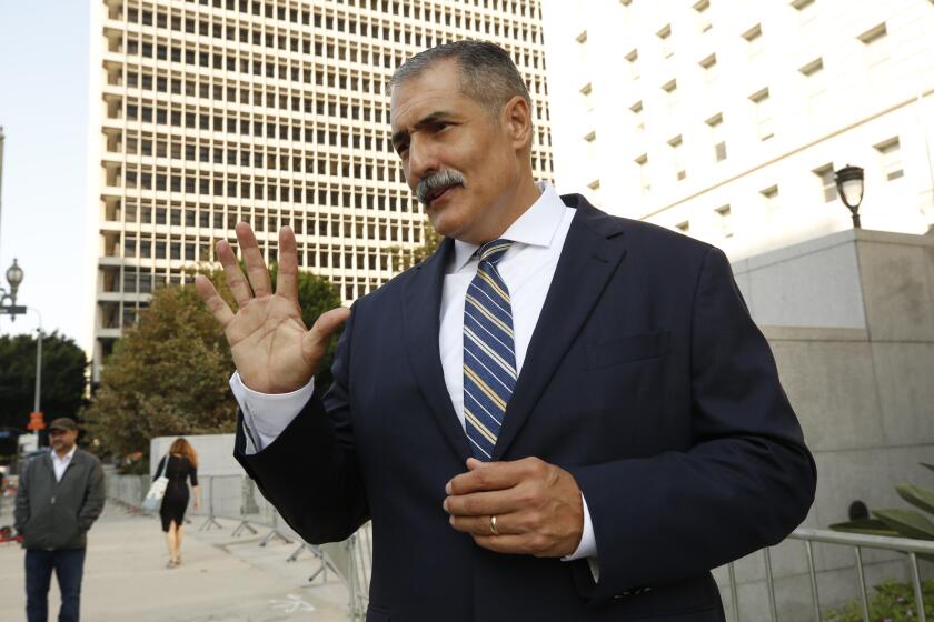 LOS ANGELES CA SEPTEMBER 7, 2021 - Los Angeles County Sheriff's commander Eli Vera held a press conference in front of the Hall of Justice in downtown Los Angeles Tuesday morning, Sept. 7, 2021. Vera, who is running against L.A. County Sheriff Alex Villanueva, was recently demoted from a chief to a commander.