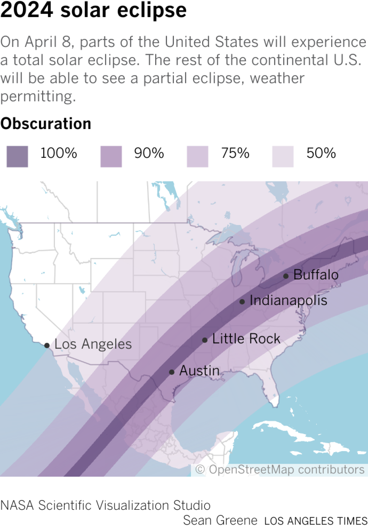 Map shows the path of totality arcing through parts of Texas, Arkansas, Illinois, Indiana, Ohio and New England.