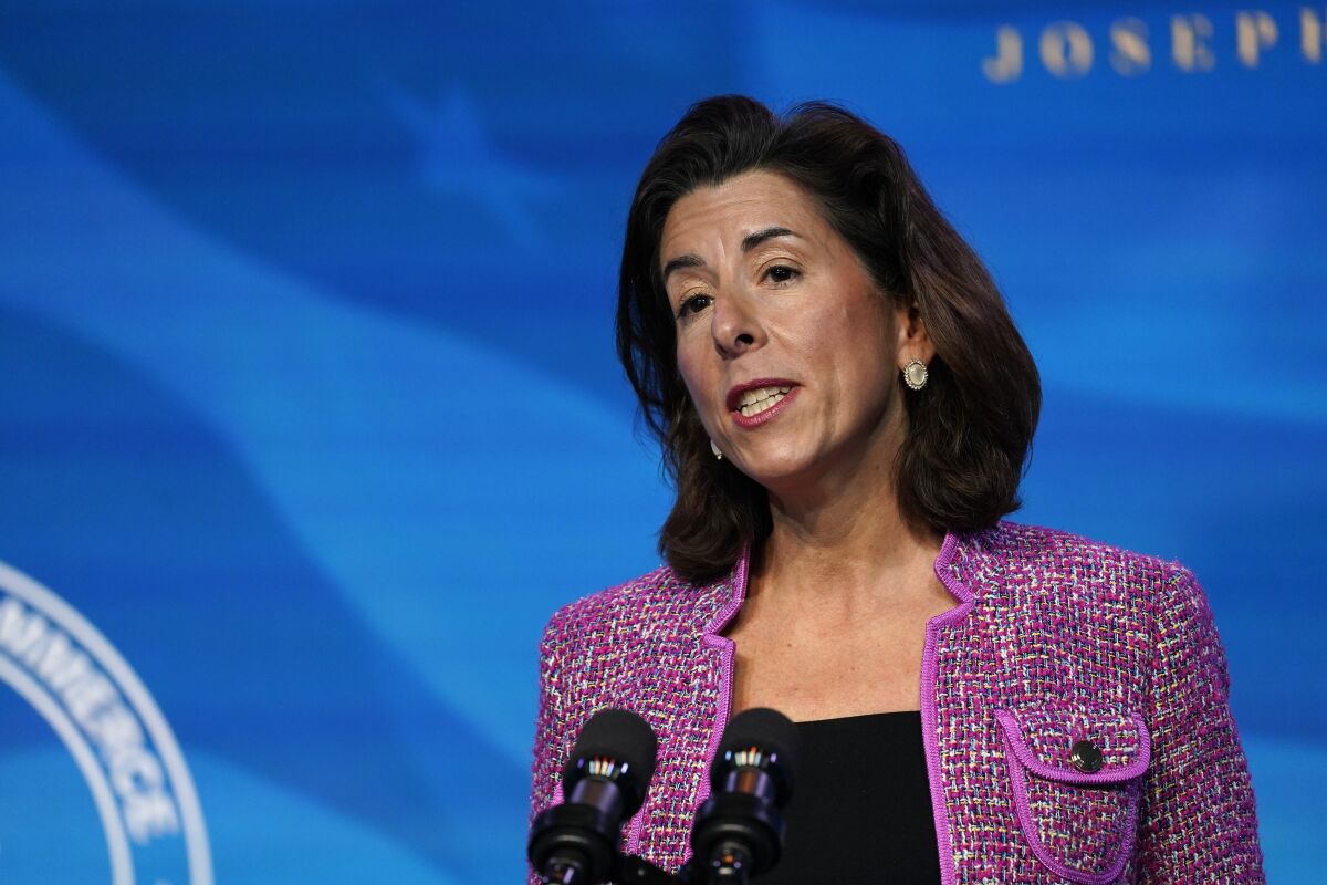 FILE - In this Jan. 8, 2021, file photo President-elect Joe Biden's nominee for Secretary of Commerce, Rhode Island Gov. Gina Raimondo speaks during an event at The Queen theater in Wilmington, Del. (AP Photo/Susan Walsh, File)
