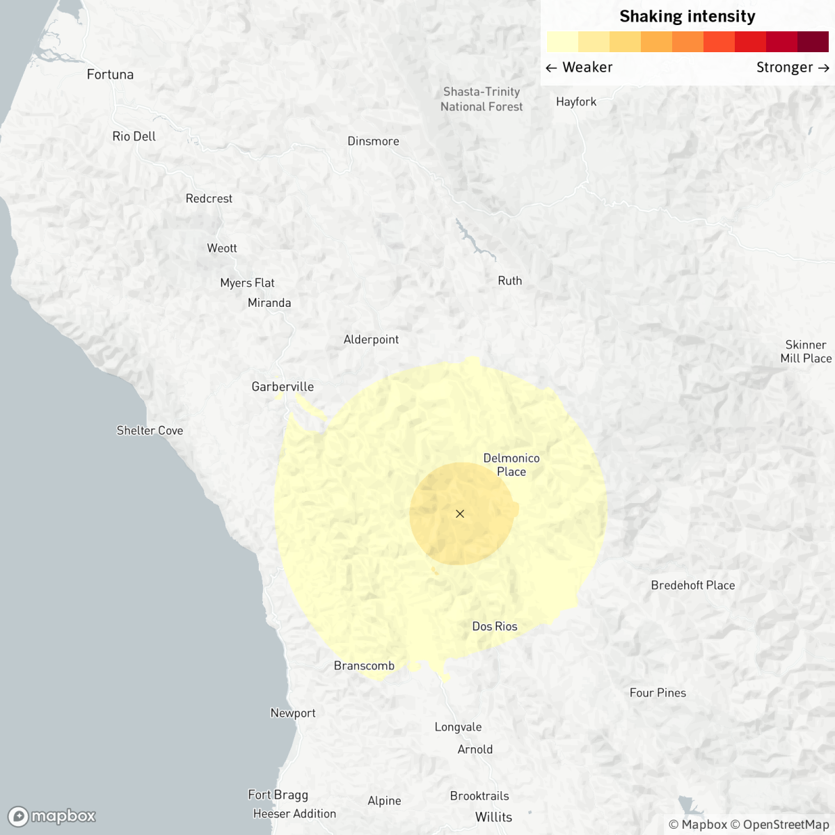 Map of the area where a magnitude 4.1 earthquake was reported near Ukiah.