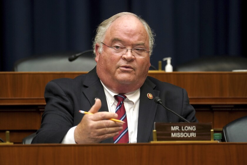 FILE - Rep. Billy Long, R-Mo., asks questions during a House Energy and Commerce Subcommittee on Health hearing May 14, 2020, on Capitol Hill in Washington. Senate candidate Billy Long is accusing YouTube of censoring conservative candidates like him, after YouTube pulled Long's ad that questioned the legitimacy of the 2020 presidential election. The company said the ad violated its community standards. (Greg Nash/Pool via AP File)