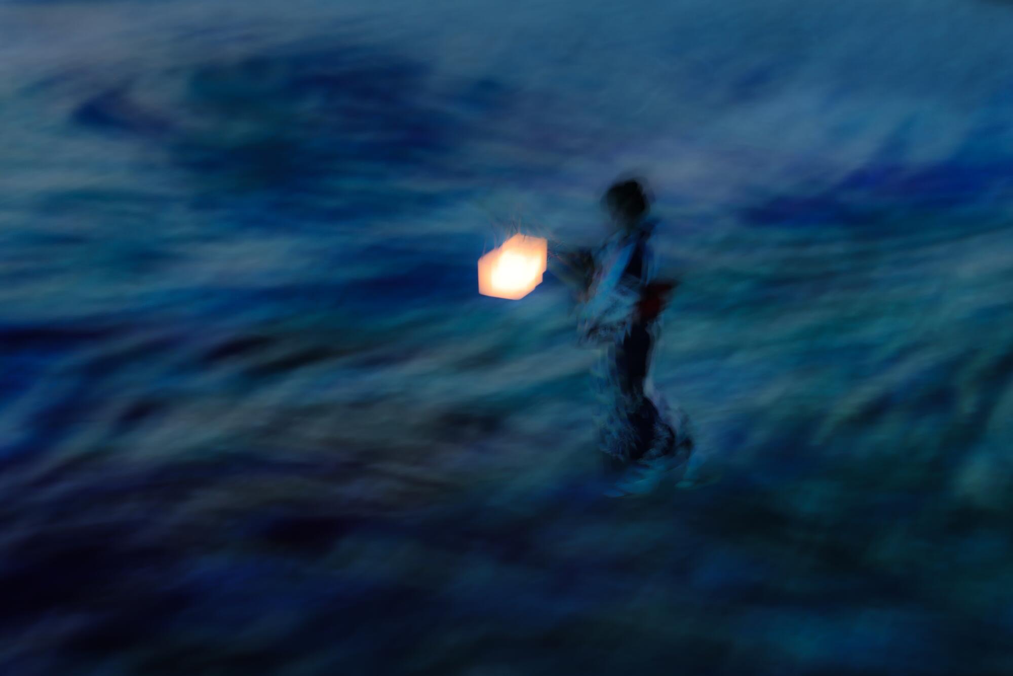 A blurry image shows a figure and a light.