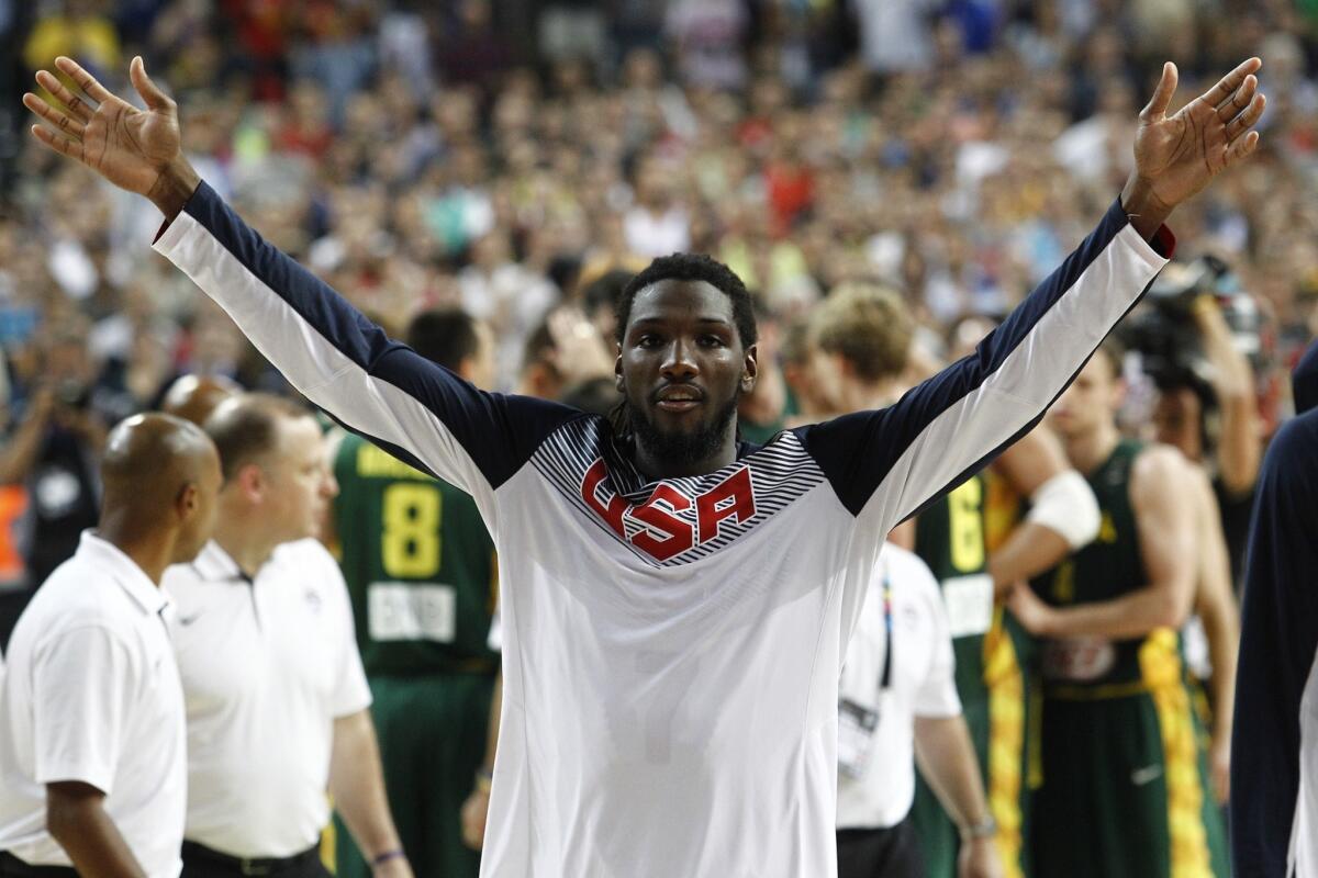 Kenneth Faried celebrates a 96-68 victory over Lithuania in the semifinals of the FIBA World Cup in Barcelona, Spain. The U.S. advances to the final on Sunday where it will face the winner of Friday's semifinal game between France and Serbia.