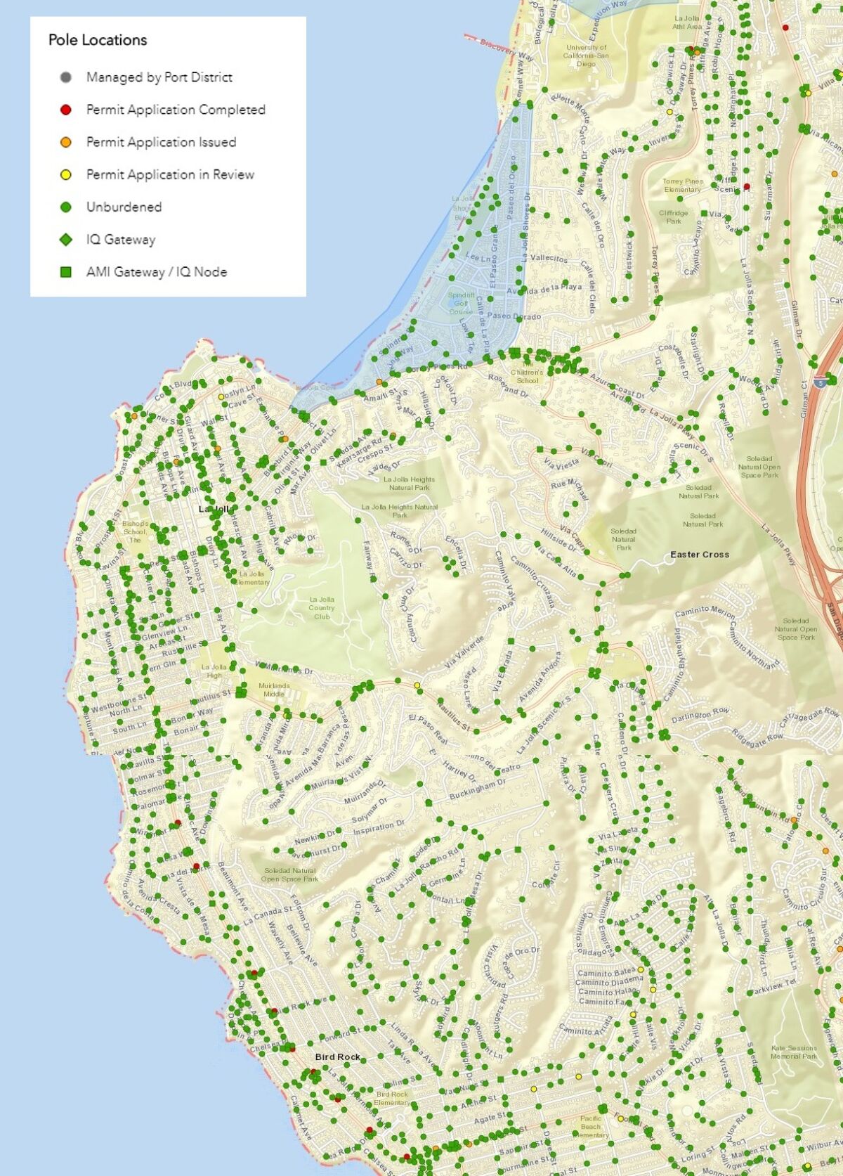 This map shows the 5G miniature cell tower installations approved by the City around La Jolla. AMIs are advanced metering infrastructure, mounted on water meters, used to send data to a gateway that routes it to the City. IQ nodes are image quality multi-sensors installed on light poles.