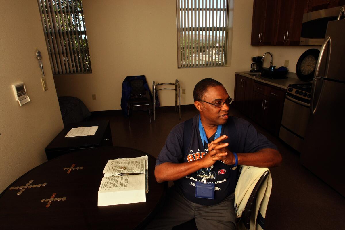 U.S. Air Force veteran Willie Edward Turnipseed, 55, in his new apartment at the New Directions Sepulveda affordable permanent supportive housing for homeless and special needs veterans at Sepulveda VA in North Hills.