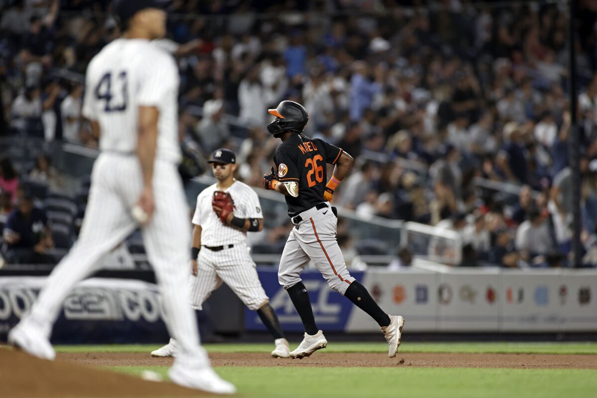 Baltimore Orioles' Jorge Mateo (26) runs the bases after hitting a home run off of New York Yankees pitcher Jonathan Loaisiga (43) during the seventh inning of a baseball game Friday, Sept. 3, 2021, in New York. (AP Photo/Adam Hunger)