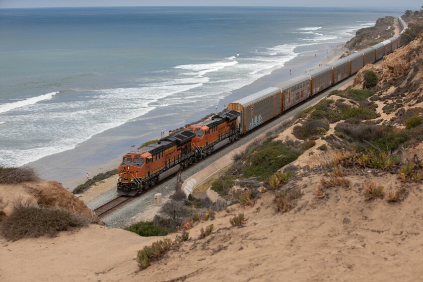 A freight train on the tracks in June in Del Mar, an area frequented by trespassers.