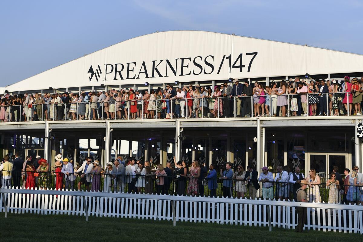 A crowd waits for the start of the 2022 Preakness Stakes.