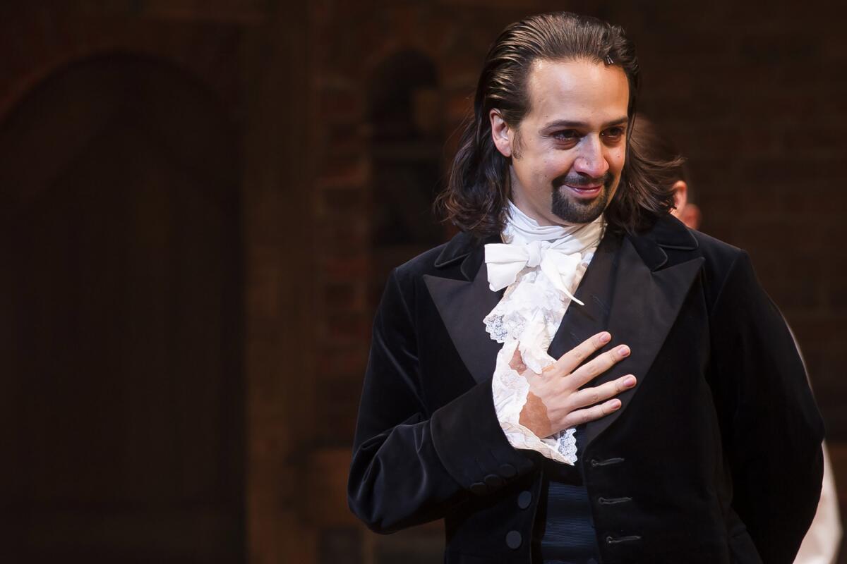Lin-Manuel Miranda, in costume as Alexander Hamilton, has won a MacArthur "genius" grant for his work as a writer, composer and performer for stage musicals, including the Broadway hit "Hamilton."