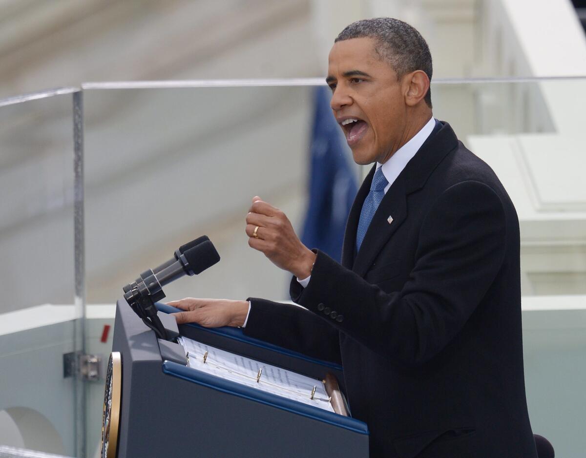 President Obama, seen delivering his inaugural address on Monday, needs to persuade Democrats and Republicans to agree on a plan to pare the deficit and bring the national debt under control.