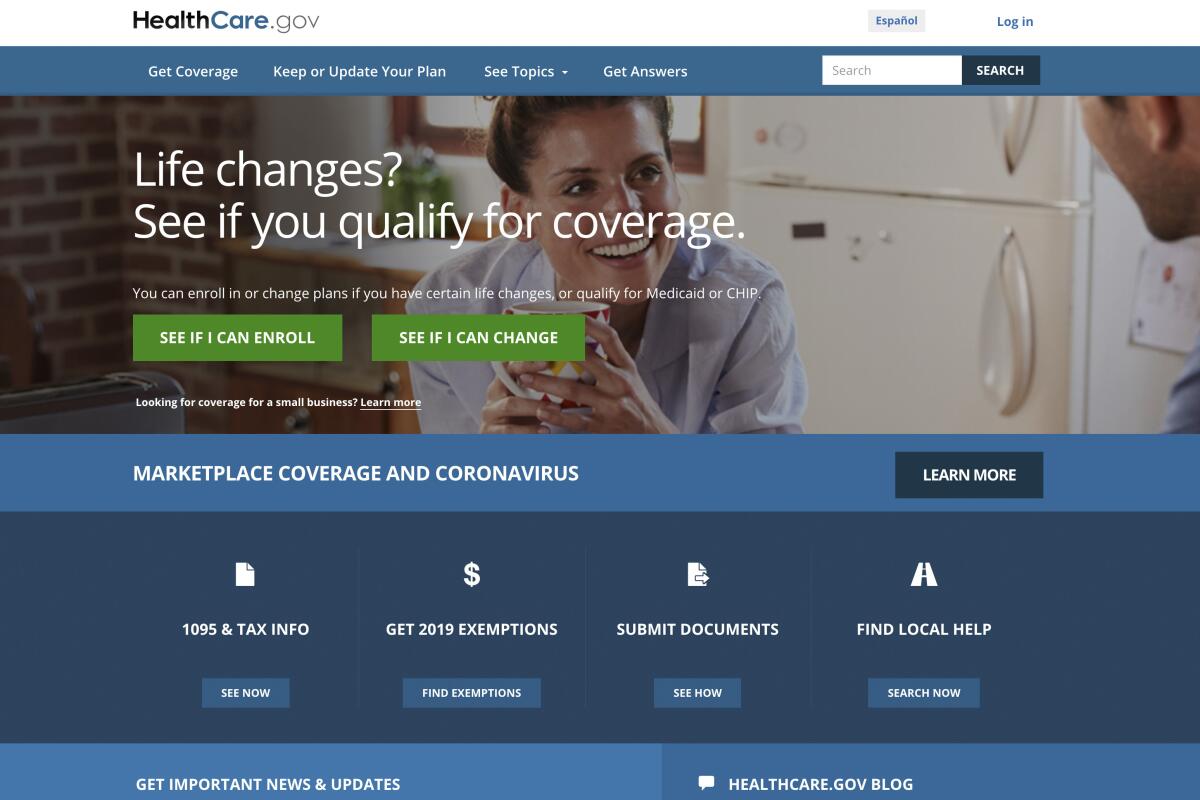 El sitio web de HealthCare.gov.
