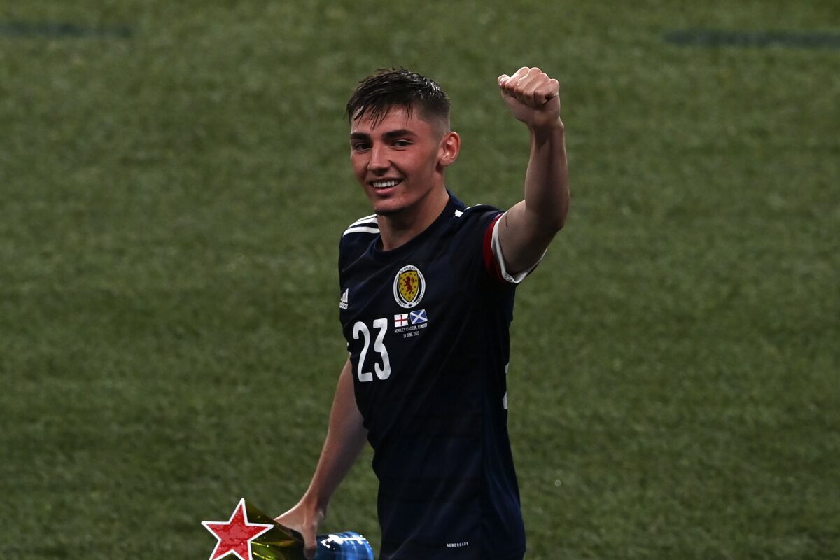 FILE - In this Friday, June 18, 2021 file photo, Scotland's Billy Gilmour waves to the fans after the Euro 2020 soccer championship group D match between England and Scotland, at Wembley stadium, in London. Billy Gilmour is a potential breakout player in the upcoming Premier League season, which begins on Friday Aug. 13, 2021. (Facundo Arrizabalaga/Pool via AP, File)
