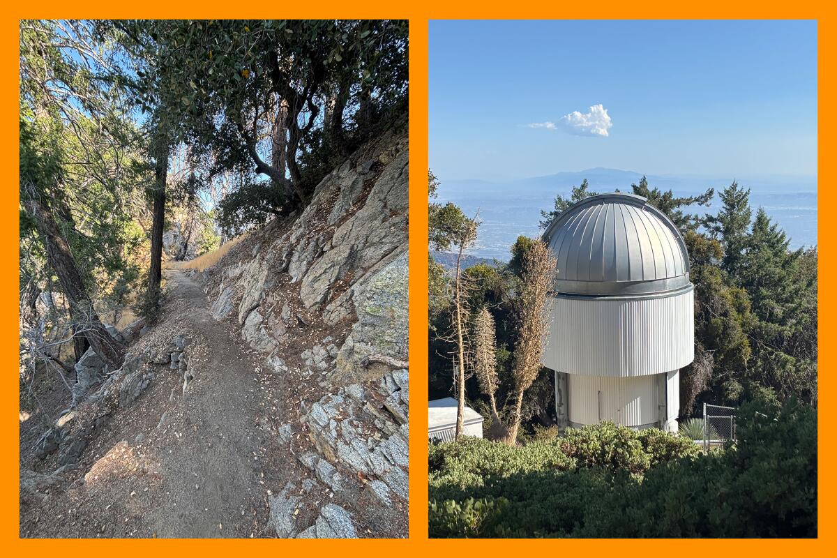 (L) A rocky slope lines a dusty path with a steep hill on the other side; (R) A singular silver dome pokes out from trees.