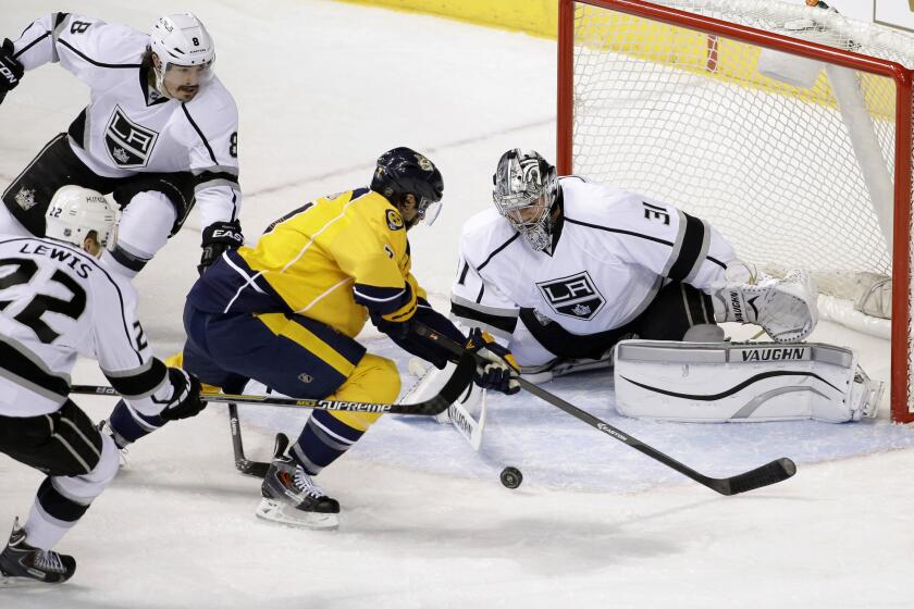 Nashville center Matt Cullen puts a shot on goalie Martin Jones during the first period of the Kings' 4-3 shootout loss to the Predators.