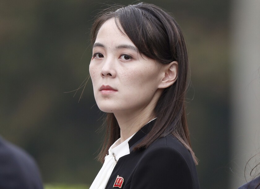 FILE - Kim Yo Jong, sister of North Korea's leader Kim Jong Un, attends a wreath-laying ceremony at Ho Chi Minh Mausoleum in Hanoi, Vietnam, March 2, 2019. The influential sister of North Korean leader Kim called South Korea’s defense minister a “scum-like guy” for talking about preemptive strikes on the North, warning Sunday, April 3, 2022, that the South may face “a serious threat.” (Jorge Silva/Pool Photo via AP, File)