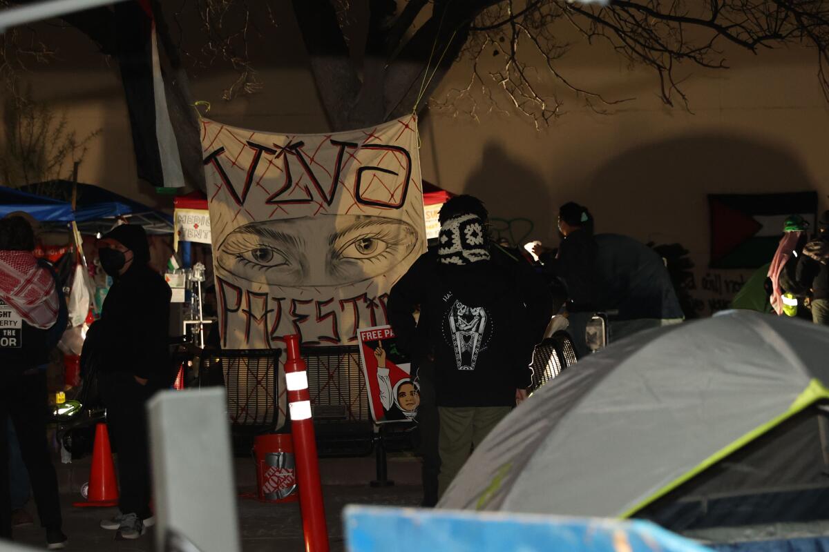 The inside of the encampment at Cal State LA on Friday, May 3, 2024.