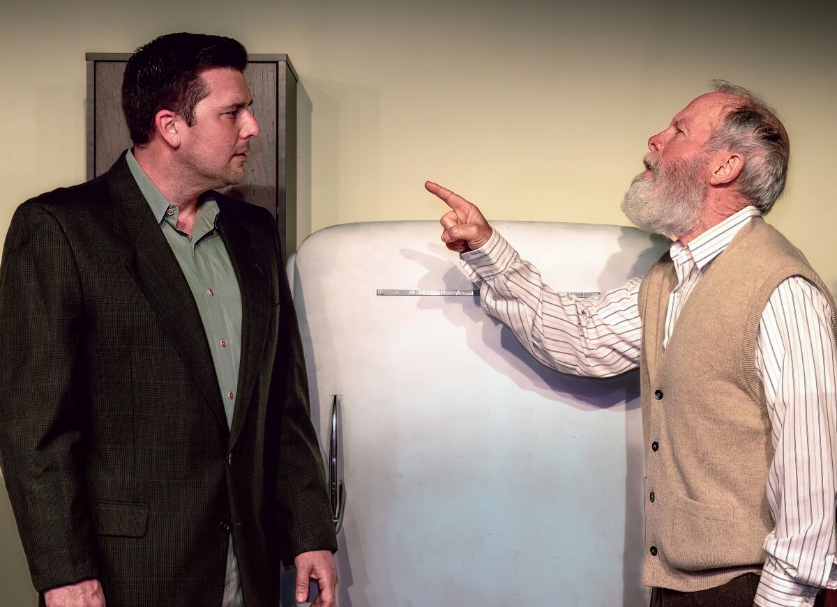 Ross Gardiner (Jared Keil) and Mr. Green (D. Kevin McGuinness) during one of their confrontations in “Visiting Mr. Green.” 