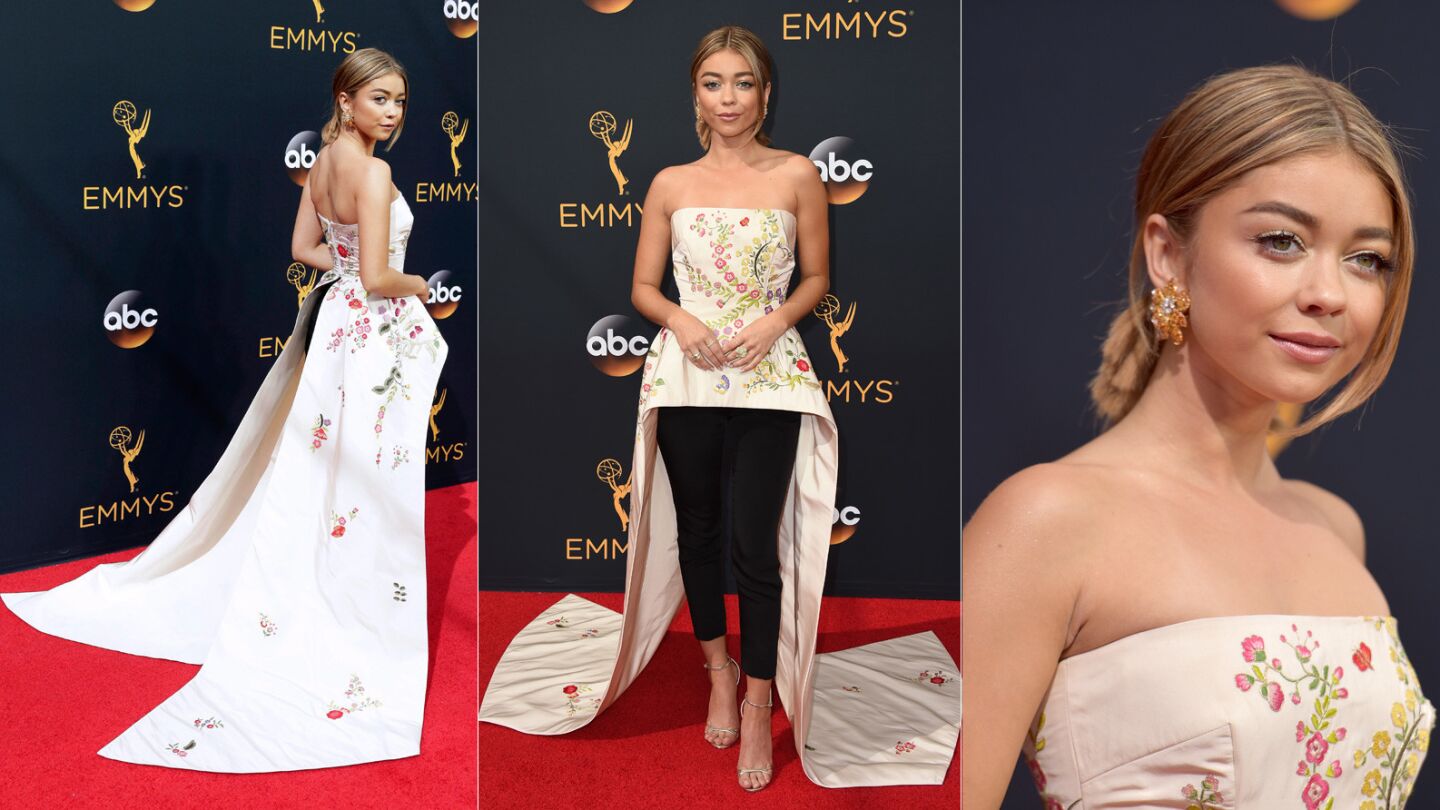 Sarah Hyland's outfit fromMonique Lhuillierseems like two different outfits colliding on the red carpet.