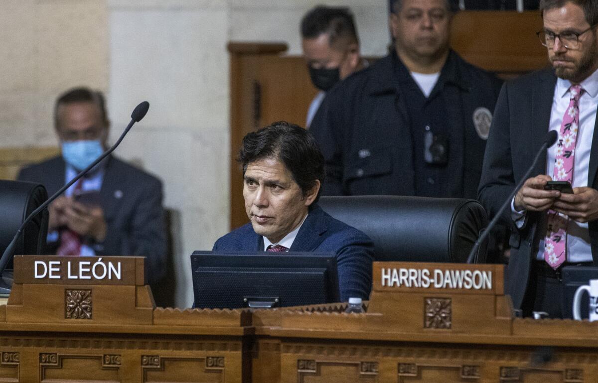 City Councilman Kevin de León is shown seated during a meeting. 