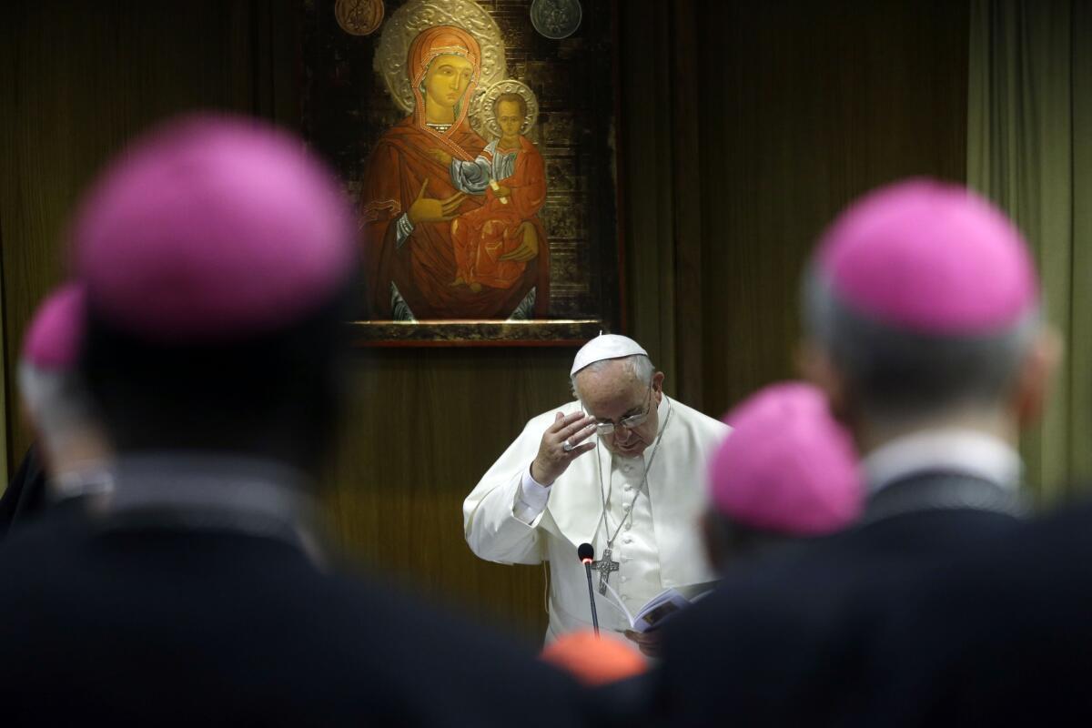 Pope Francis, seen at a synod meeting on Monday, insisted that the full synod document be published with the vote tally in the name of transparency.