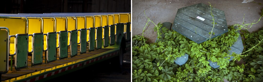 Photos of the reopening of Yosemite National Park after
coronavirus closure 5 Yosemite Valley trams, left, are idle for now. Vines, right, take over a bench at Big Trees Lodge in Wawona.