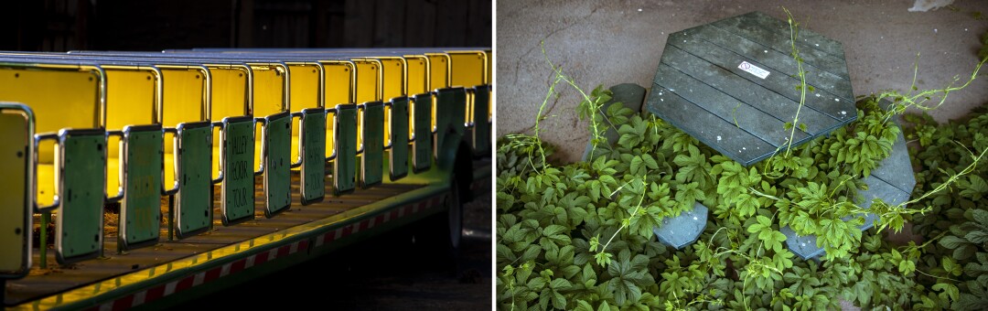 Yosemite Valley trams, left, are idle for now. Vines, right, take over a bench at Big Trees Lodge in Wawona.